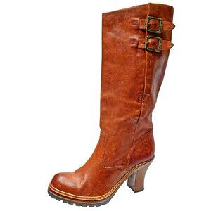 FRYE Mildred Cognac Leather Engineer Pull On Heeled Tall Boots